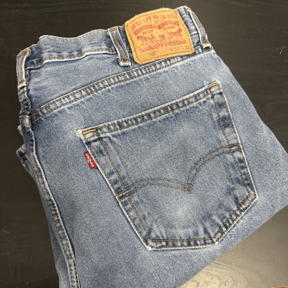Levi's 505 Straight Jeans‎ Mens 38x32 Fits 36x31 Blue Denim Red Tab Distressed